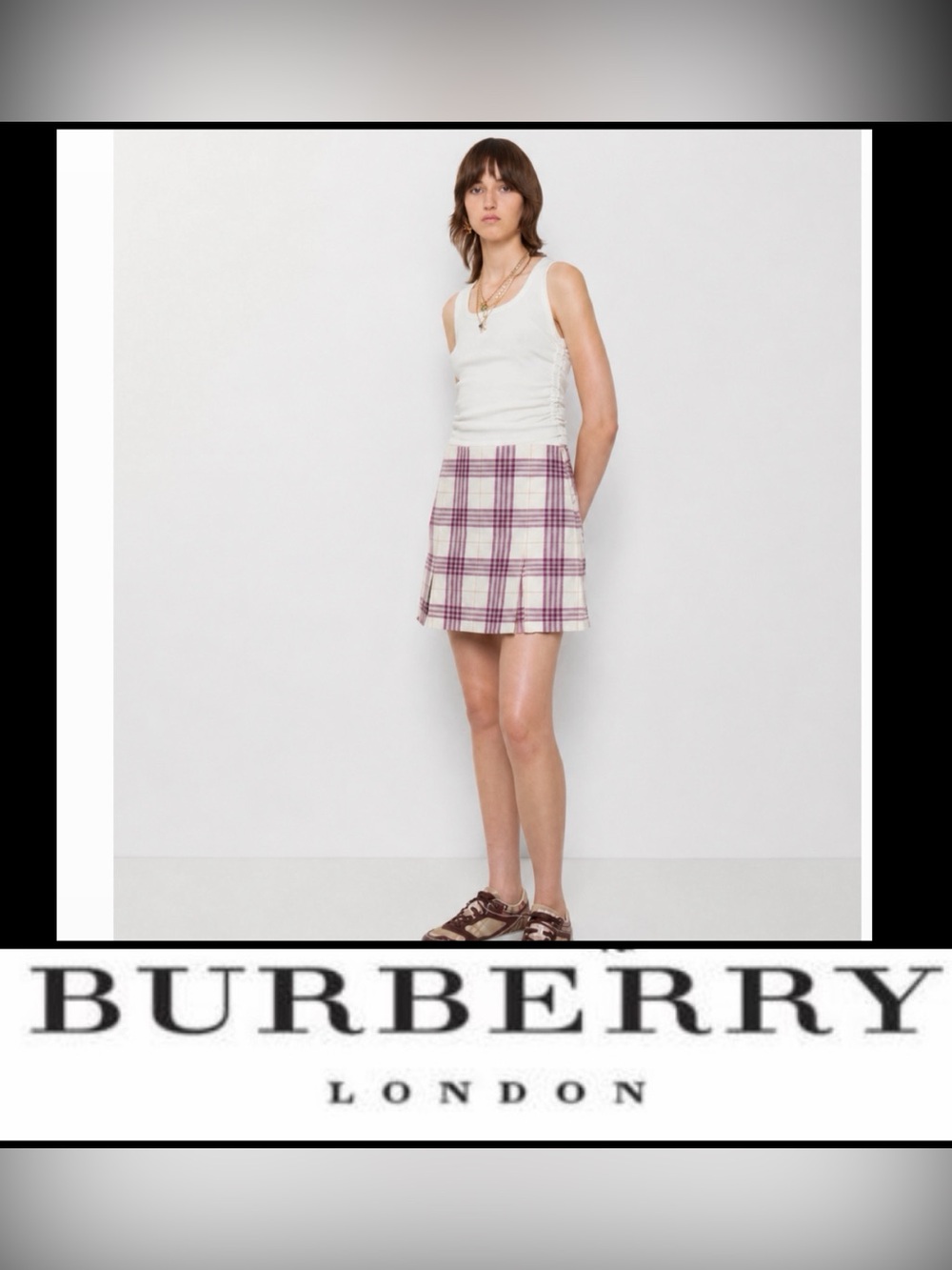 NWT! AUTH Burberry Cream and pink Plaid Mini Skirt 100% linen